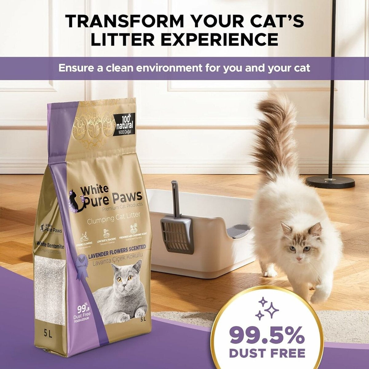 Arena para gatos de bentonita premium White Pure Paws: 99,5 % libre de polvo  & altamente aglutinante