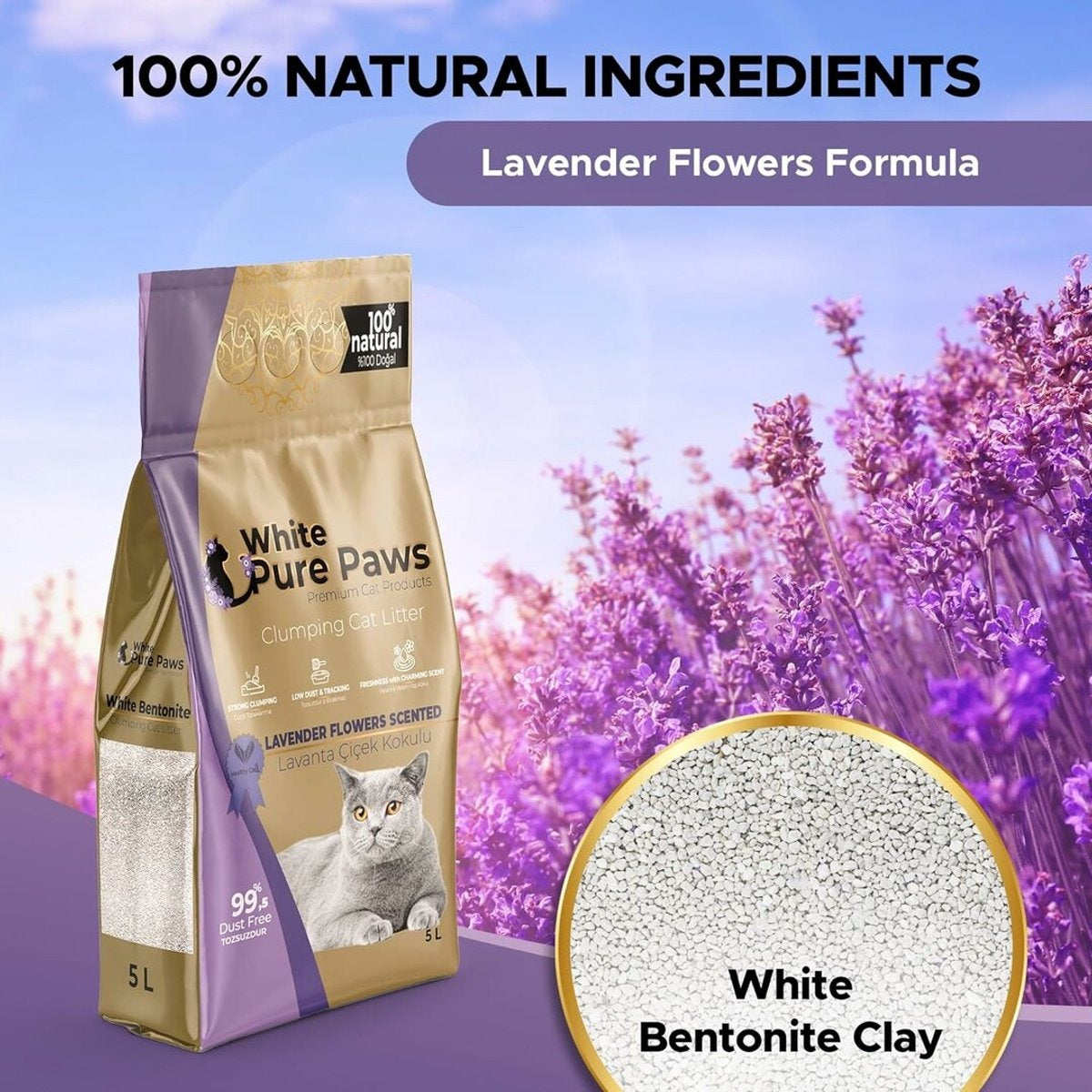 Arena para gatos de bentonita premium White Pure Paws: 99,5 % libre de polvo  & altamente aglutinante