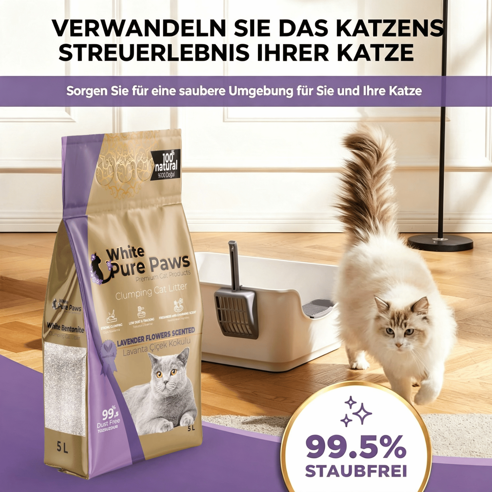 White Pure Paws Premium Bentonit Katzenstreu – 99,5 % staubfrei & stark klumpend