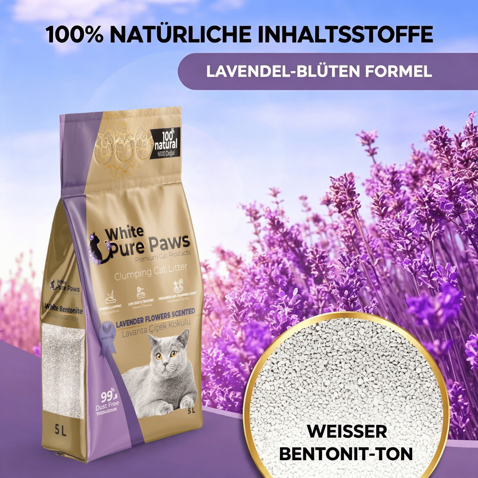 White Pure Paws Premium Bentonit Katzenstreu – 99,5 % staubfrei & stark klumpend