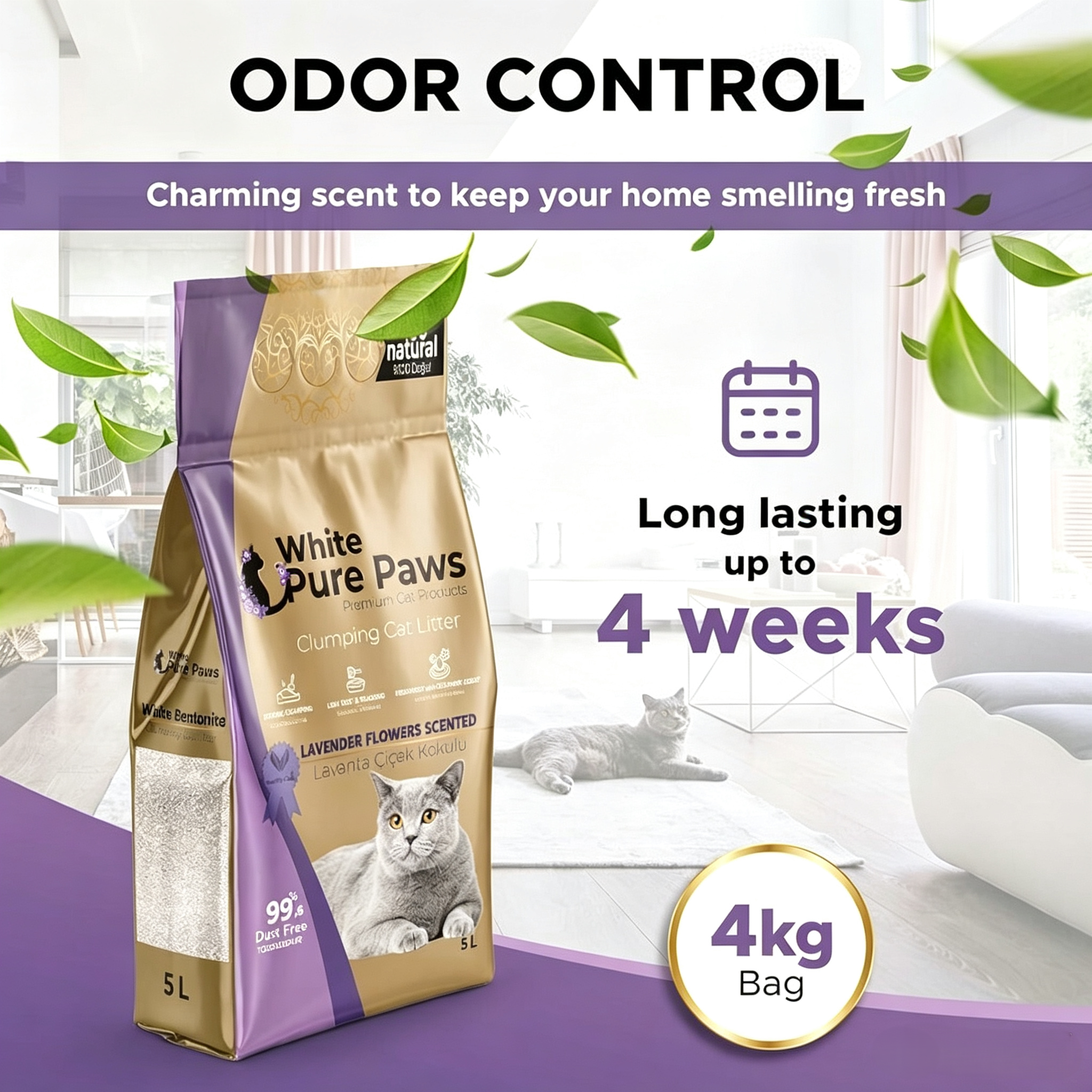 Arena para gatos de bentonita premium White Pure Paws: 99,5 % libre de polvo  & altamente aglutinante
